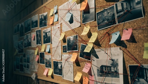 Detective Investigation Board With Red String Connecting Photos Notes And Clues On Cork Bulletin Wall