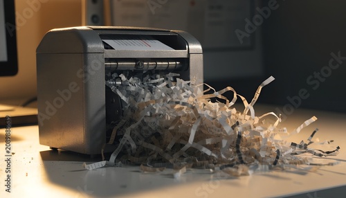 Grey Office Paper Shredder Destroying Documents In A Dimly Lit Workplace Setting On A Desk