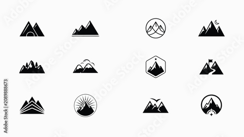 Twelve minimalist mountain icons with varied symbolic elements in black with rendered bold black white flat design against clean incorporating unique symbolic