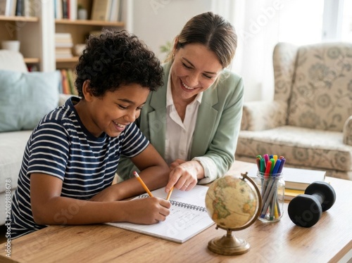 A smiling young boy studying with his tutor at home