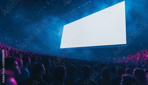 Large Blank Projection Screen In Dark Stadium With Glowing Blue And Purple Crowd Lighting Effects