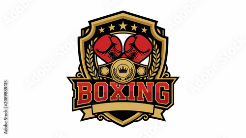 Fotografie Professional boxing sport emblem design with red gloves and golden shield