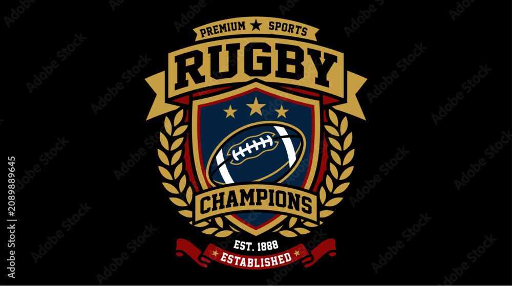 Fototapeta premium Vintage rugby sports emblem design with shield and ball illustration on black background.