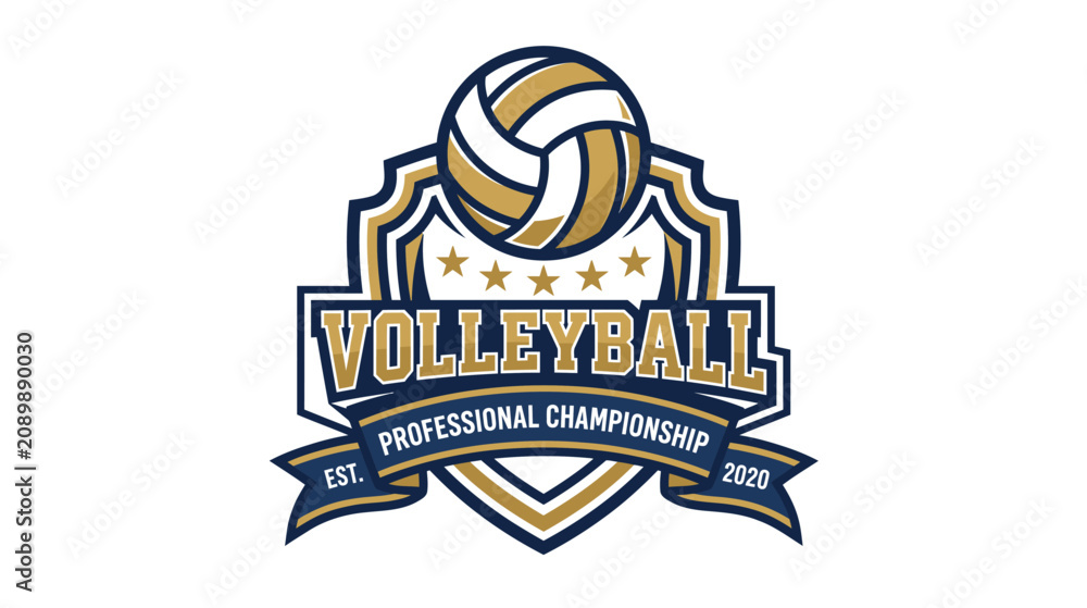 Fototapeta premium Professional volleyball championship emblem with a ball and shield design.