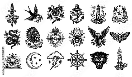 Foto Vintage Flash Tattoo Vector Set Monochrome Traditional Black Ink Illustration Co