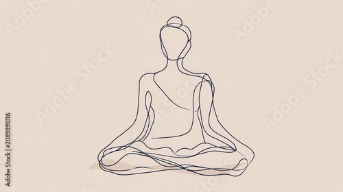A delicate single-line illustration shows a person in a lotus position, hands resting, embodying serenity against a peach background