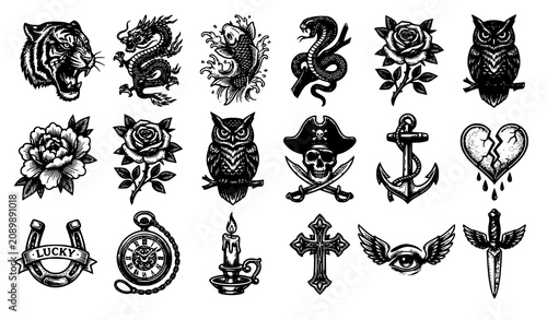 Foto Old School Vintage Flash Tattoo Monochrome Vector Illustration Set with Classic