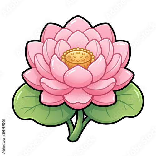 Kawaii pink water lily floral sticker icon in cute cartoon style