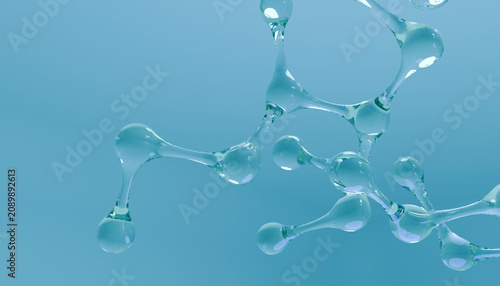 Foto Transparent water molecules create beautiful abstract design against soft blue b