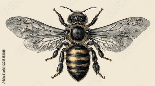 Detailed illustration of a bee, wings spread