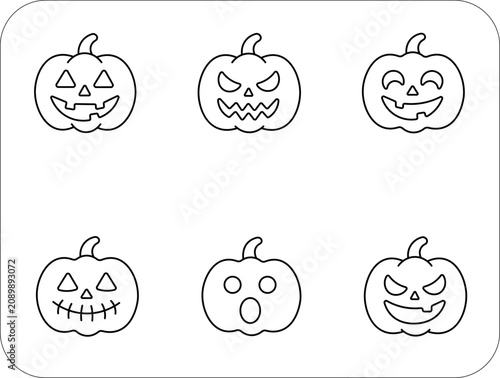 фотографія Minimal outline icon set featuring six Halloween pumpkin faces with different emotions and expressions