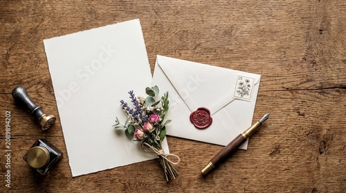Obraz na plátně stationery arrangement, a serene flat lay featuring a letter, envelope, stamp, a