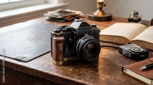 Cuadro en lienzo vintage desk accessories, a vintage camera with a left-handed grip displayed on