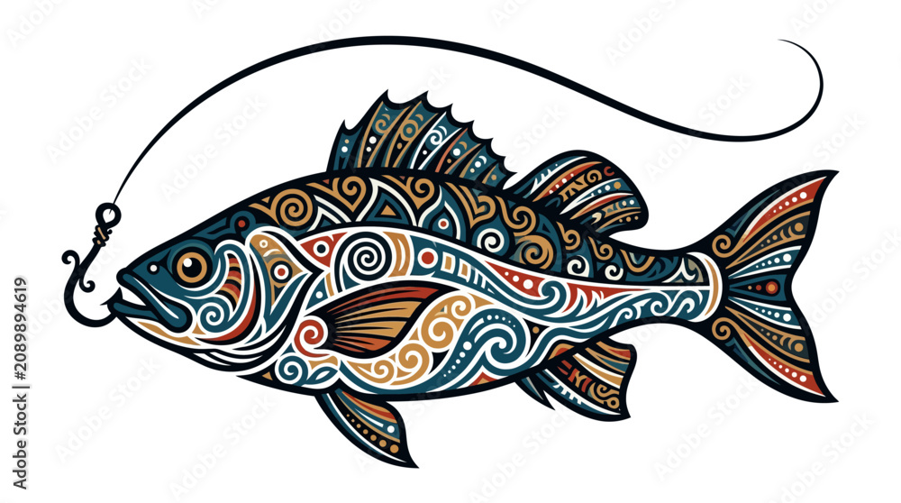 Αυτοκόλλητο Colorful fish with decorative patterns caught on hook.