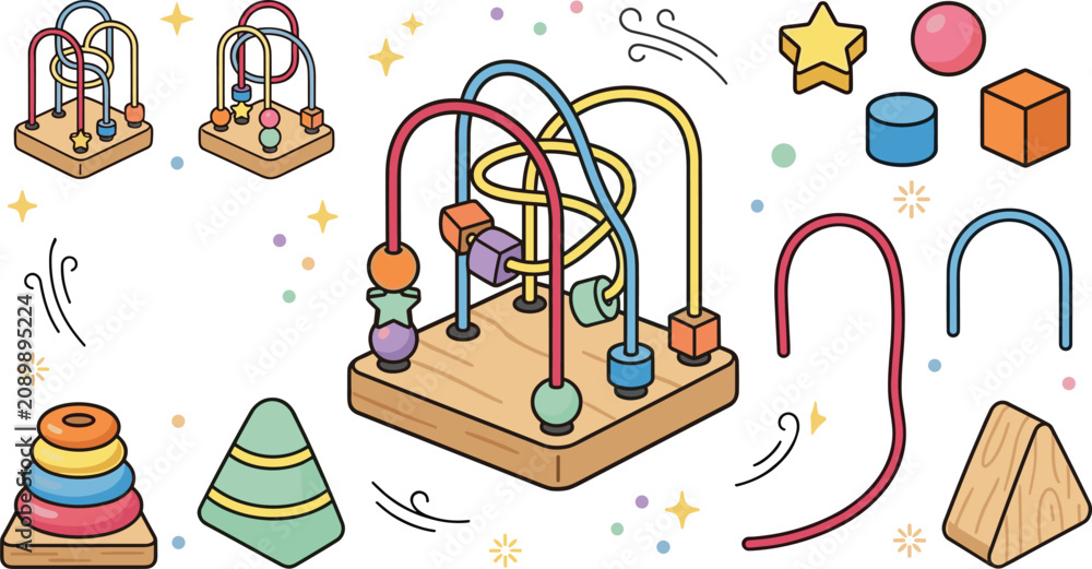 Ταπετσαρία Wooden Bead Maze Toy Vector Collection with Montessori Learning Activity Shape S