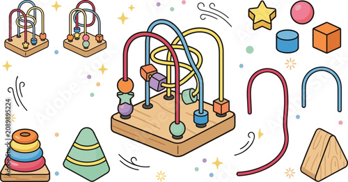 Εκτύπωση καμβά Wooden Bead Maze Toy Vector Collection with Montessori Learning Activity Shape S
