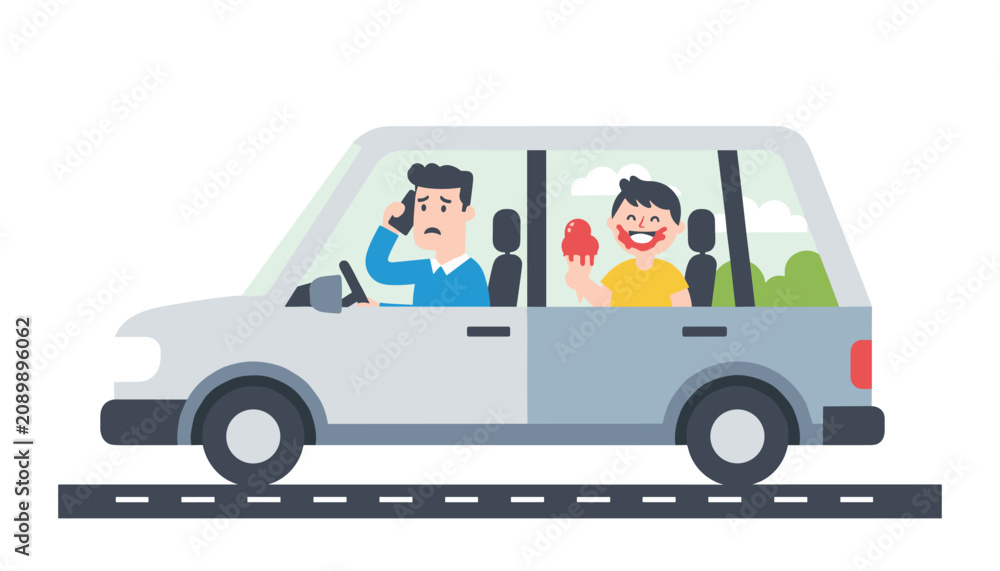 Fototapeta premium Worried father talking on a phone while driving a car with a little boy eating messy red ice cream in the back.