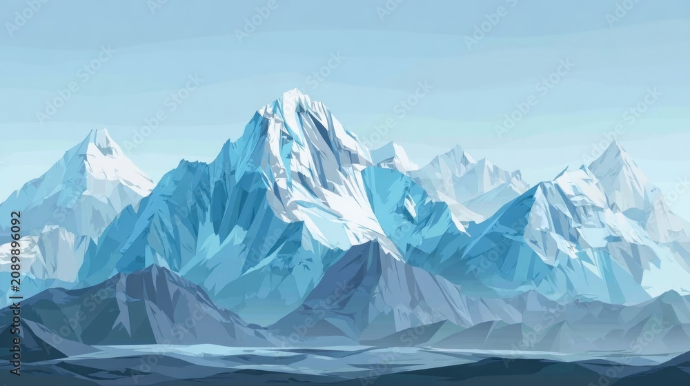 Fototapeta premium Snowy mountains, light-blue sky. Peaks covered with snow. Flat foreground