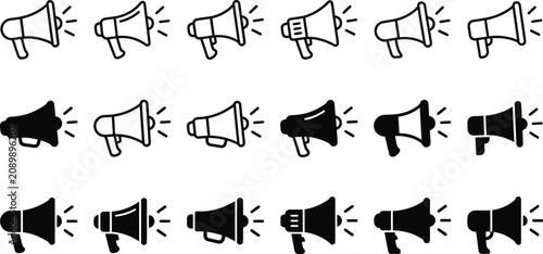 Various megaphone icons in black and white