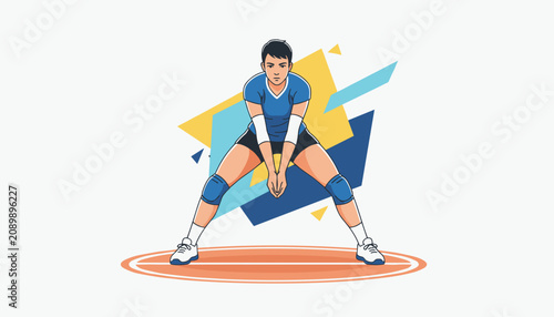 Athletic volleyball player in a blue uniform and knee pads preparing to receive the ball on a court.