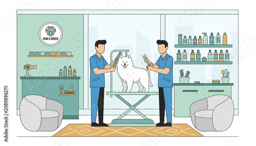 Professional pet grooming salon Paw and Order with two groomers styling a fluffy white dog on a table.