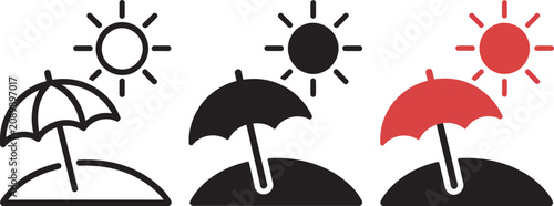 Bild auf Leinwand Beach umbrella parasol icon collection featuring linear summer vacation symbols for seaside holidays, beach travel, sun protection and ocean relaxation in a clean minimalist vector style