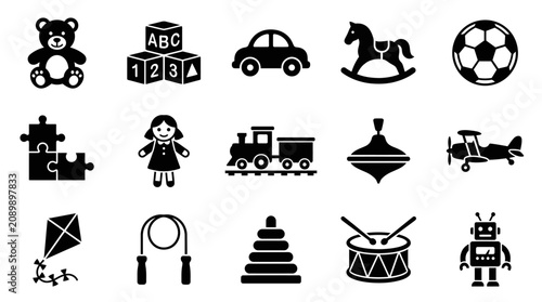A comprehensive collection of black and white icons representing various children's toys and games.