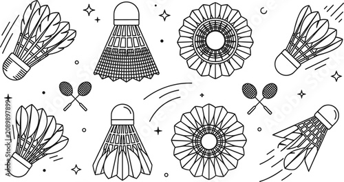Foto Minimalist badminton shuttlecock vector illustration set with racket and sport t