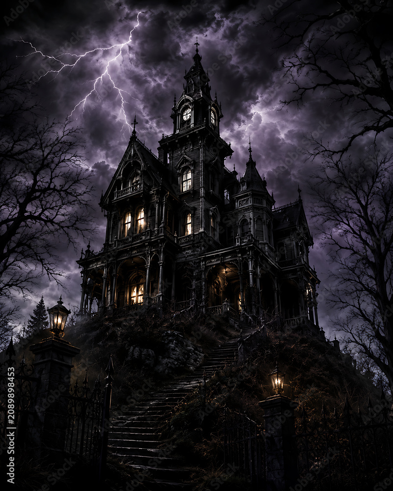 Obraz premium Grand Gothic Mansion on a Hill Under a Stormy, Lightning-Filled Night Sky, Evoking Ominous Dread and Supernatural Suspense