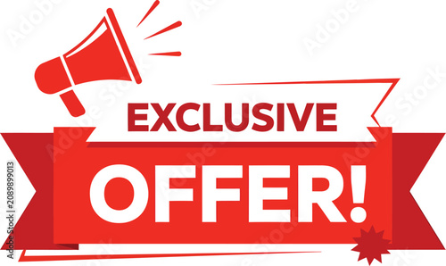 Megaphone with exclusive offer ribbon red vector illustration on white background