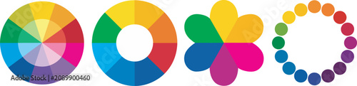 Color circle chart featuring a full spectrum color wheel with primary, secondary and tertiary colors, harmony guides and radial gradient palette for artists, designers and visual branding reference.