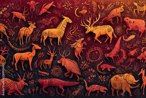 stylized cave painting of endangered animals