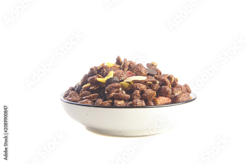 Chocolate Cereal Muesli with Nuts in White Bowl - Healthy Breakfast Food Studio Shot on White Background