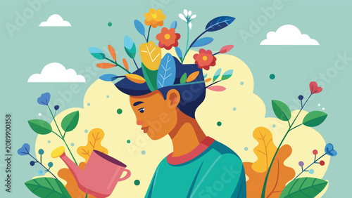 Conceptual personal growth and ideas blossoming. Vibrant flat design suitable for wellness creativity and self-improvement campaigns.