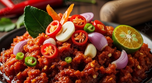 Traditional Indonesian Sambal Chili Sauce With Fresh Red Chilies and Spices