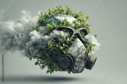 A globe wearing a protective mask that is filtering out gray smoke into green leaves.