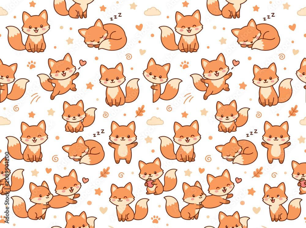 Obraz premium Foxes appear in a playful repeating pattern featuring soft orange fur textures and whimsical sleeping poses on a white backdrop.