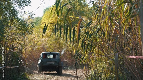 Dirty SUV drives on rough terrain during extreme motorsports competition. Vehicle surrounded by tall yellow reeds and autumn trees. Concept of action, adventure, and outdoor recreation