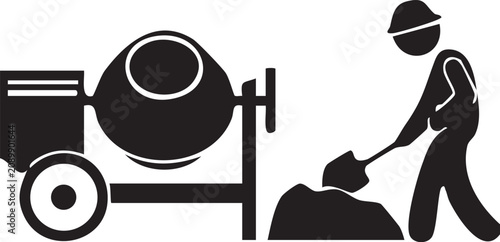 Construction worker using cement mixer silhouette icon with construction concrete building industry silhouette infrastructure equipment