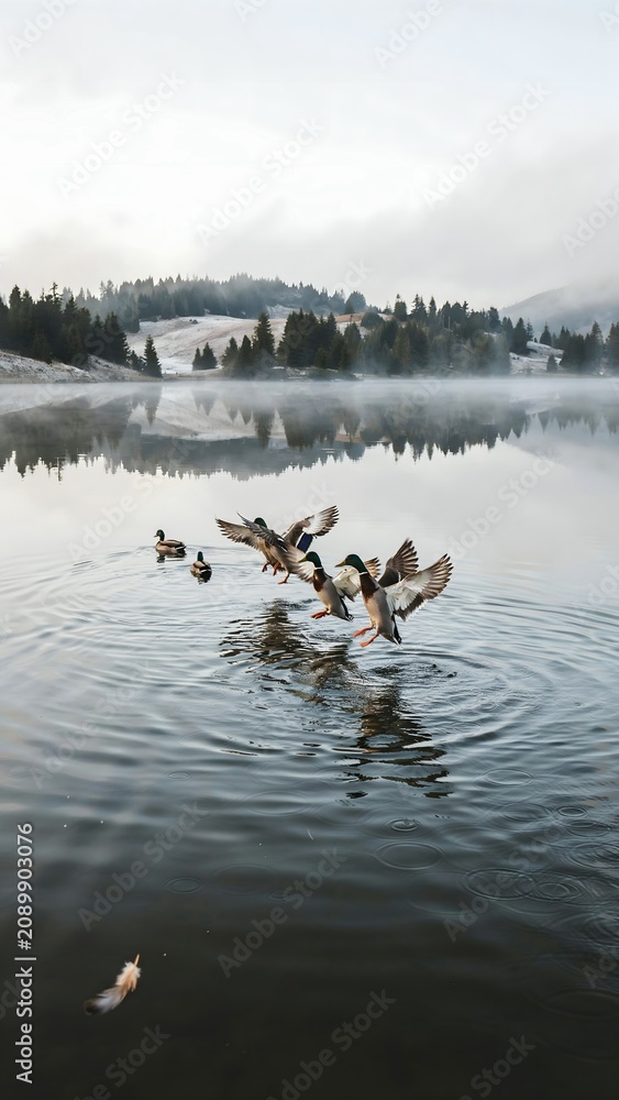 Naklejka premium Serene lakeside scene with ducks and wakeboarding activity under cloudy sky