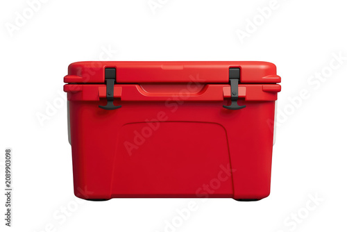 Red rotomolded hard cooler box, portable insulated ice chest for camping, picnic, and outdoor adventures, cut out