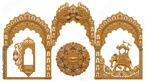 Ornate golden Indian archway set, traditional Rajasthani architectural elements with elephant and peacock motifs, luxury wedding decor frames isolated PNG with Transparent Background