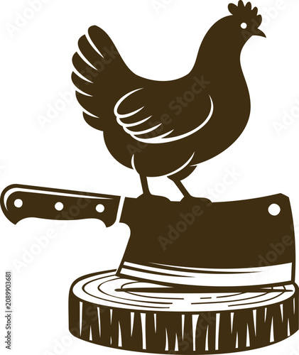 фотографія Brown chicken standing on a large cleaver on a wooden chopping block