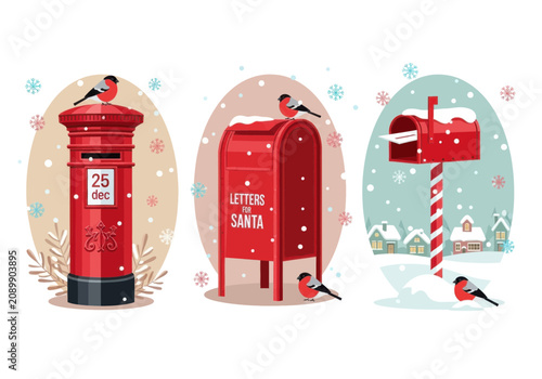Set of three red christmas mailboxes with birds and snow