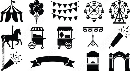 Foto Amusement park and carnival festival vector silhouette icon set featuring circus