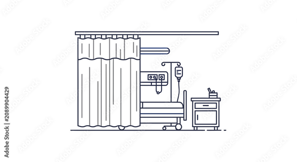 Obraz premium Hospital Room Scene Illustration: Medical Treatment Behind Privacy Curtains, Vector Graphics