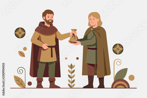 Medieval Merchant Trade and Coin Exchange Flat Illustration