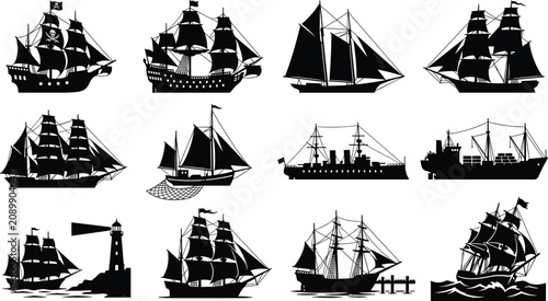 Foto Vintage sailing ships and historical maritime vessels vector icon set featuring