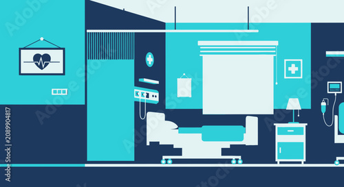 Hospital Room Scene Displaying Medical Equipment And Patient Care Illustration