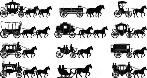 Photos horse drawn carriage and wagon silhouettes vector icon set featuring stagecoach